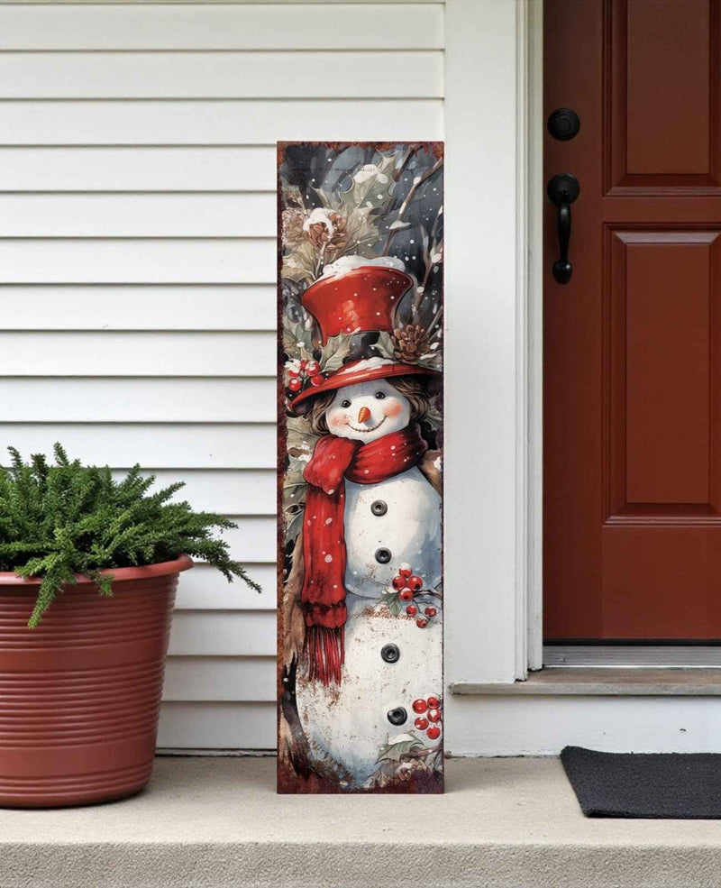 36" Blue White And Red Christmas Snowman Solid Wood Porch Sign