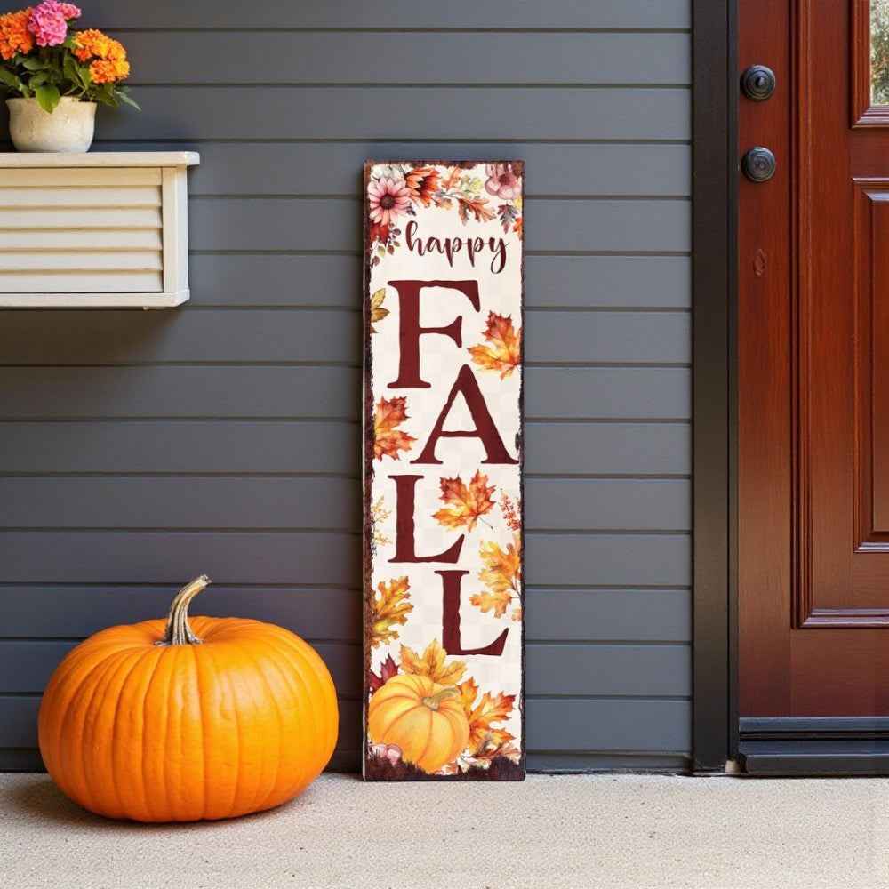 36" Off White And Orange Solid Wood Happy Fall Leaves Porch Sign