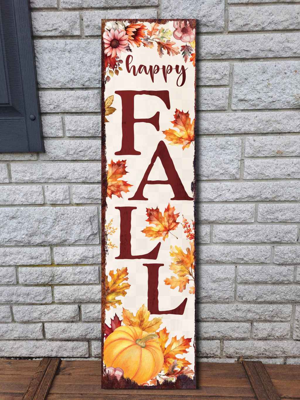 36" Off White And Orange Solid Wood Happy Fall Leaves Porch Sign
