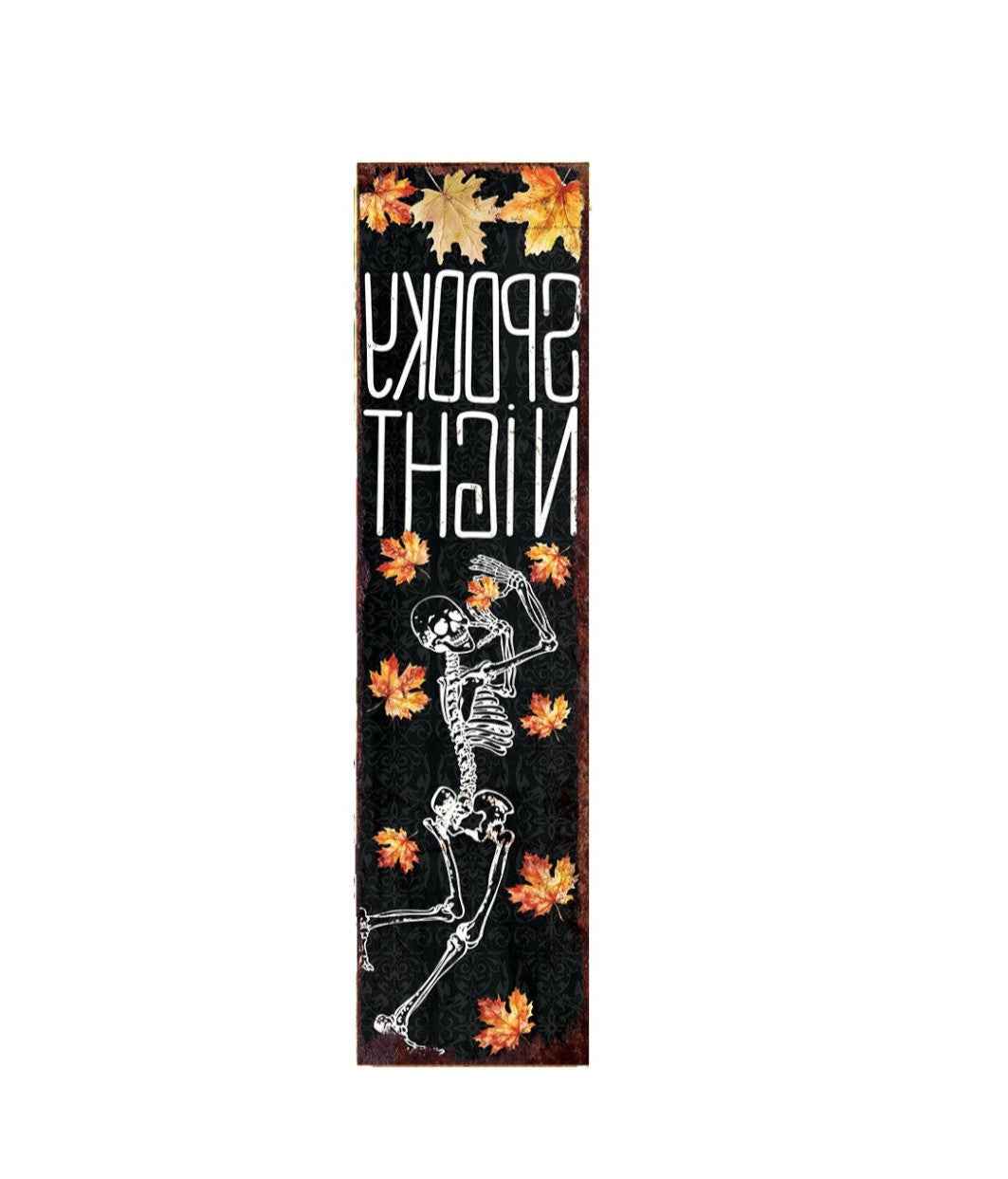 36" Black Orange And White Solid Wood Spooky Halloween Skeleton Porch Sign