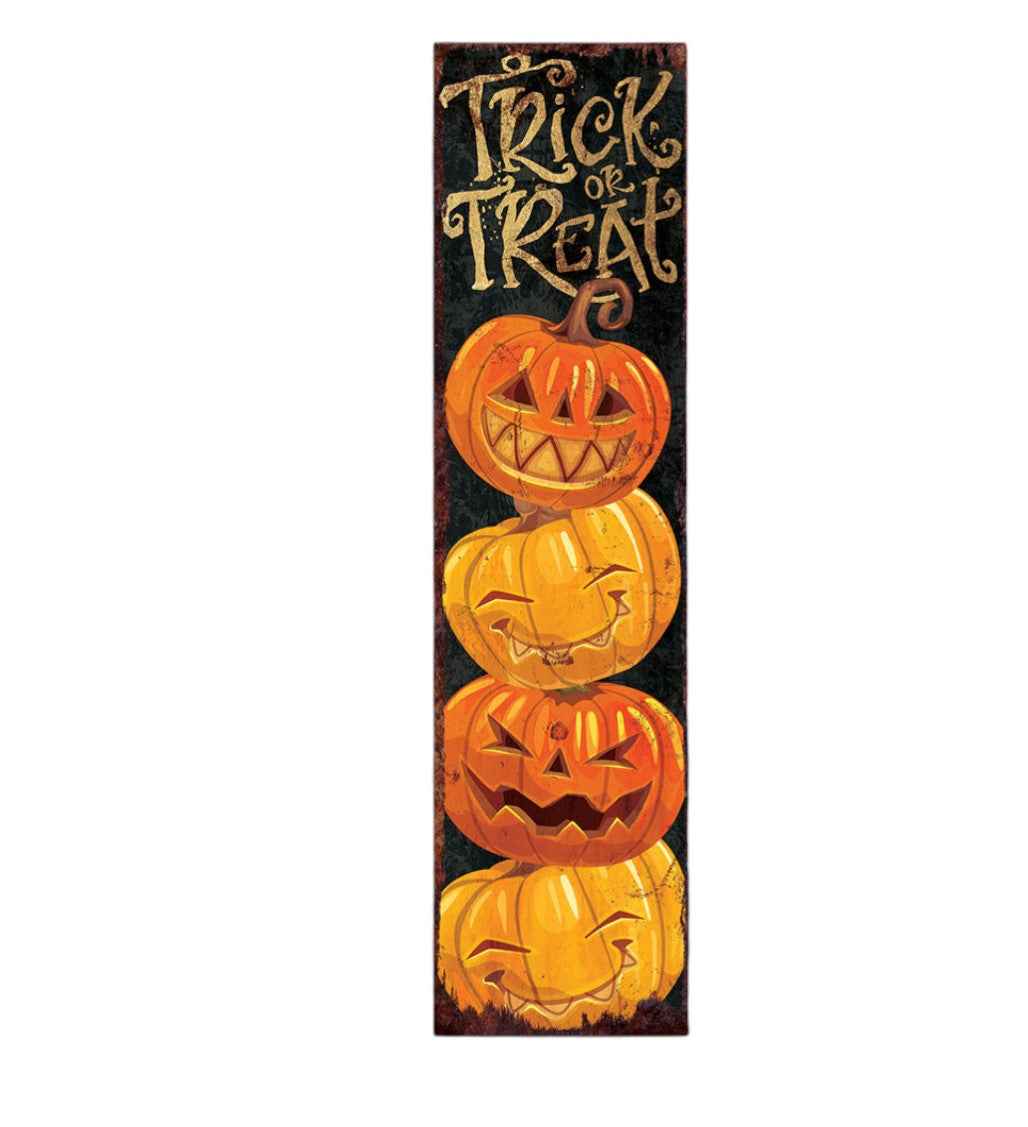 36" Black And Orange Solid Wood Trick or Treat Halloween Pumpkin Porch Sign