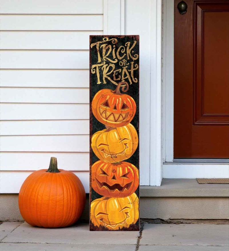 36" Black And Orange Solid Wood Trick or Treat Halloween Pumpkin Porch Sign