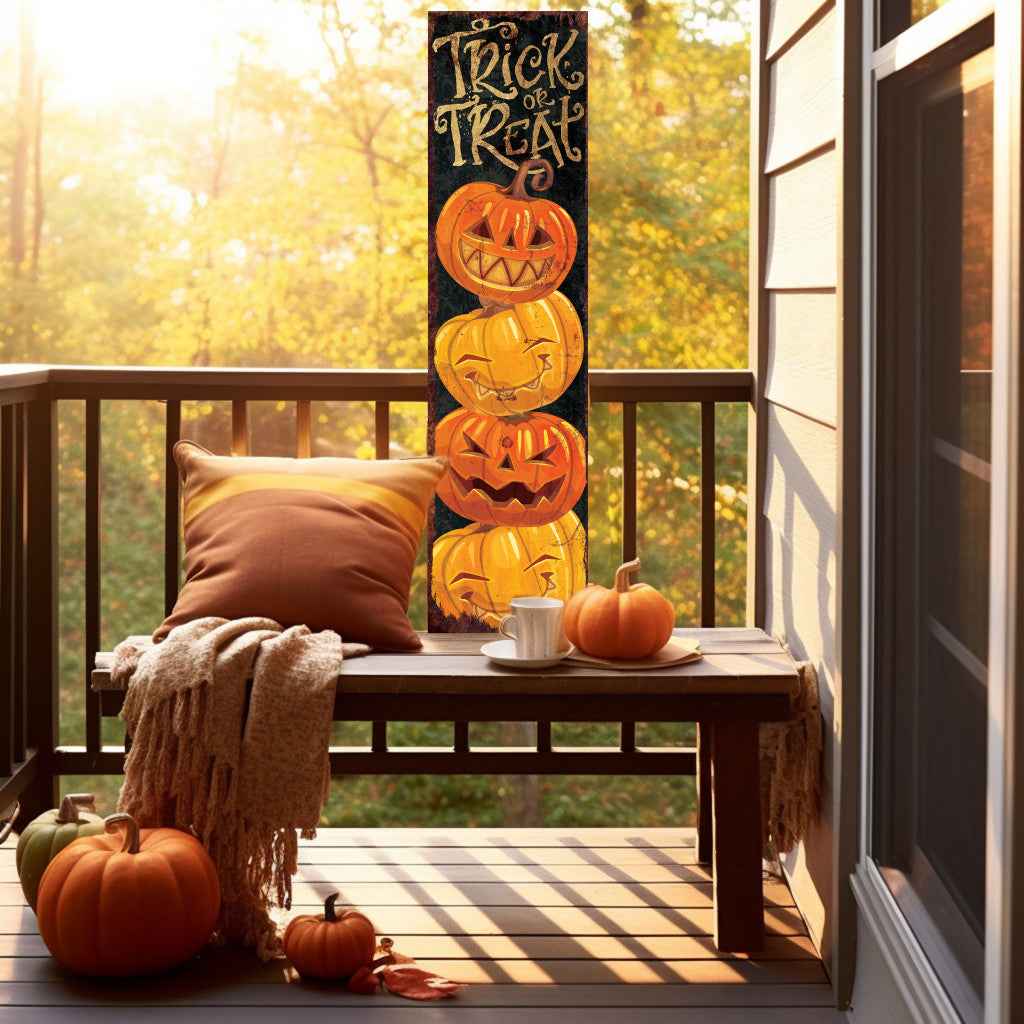 36" Black And Orange Solid Wood Trick or Treat Halloween Pumpkin Porch Sign