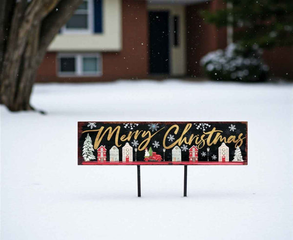36" Black Gold And Red Solid Wood Merry Christmas Christmas Snow Scene Porch Sign
