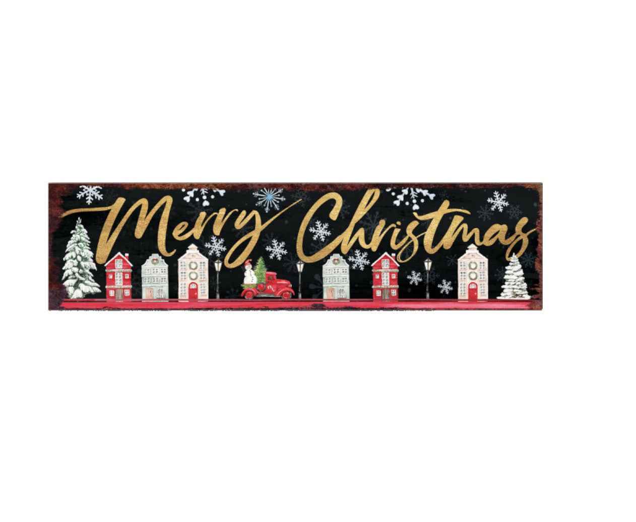 36" Black Gold And Red Solid Wood Merry Christmas Christmas Snow Scene Porch Sign