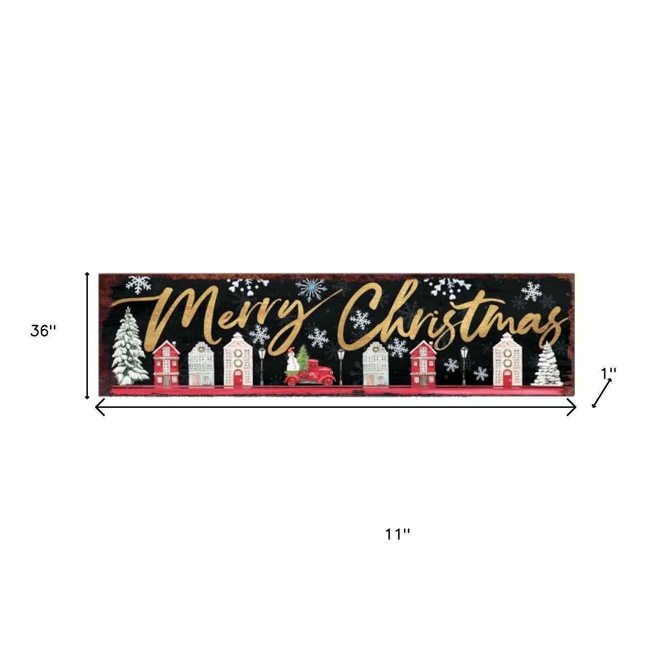 36" Black Gold And Red Solid Wood Merry Christmas Christmas Snow Scene Porch Sign