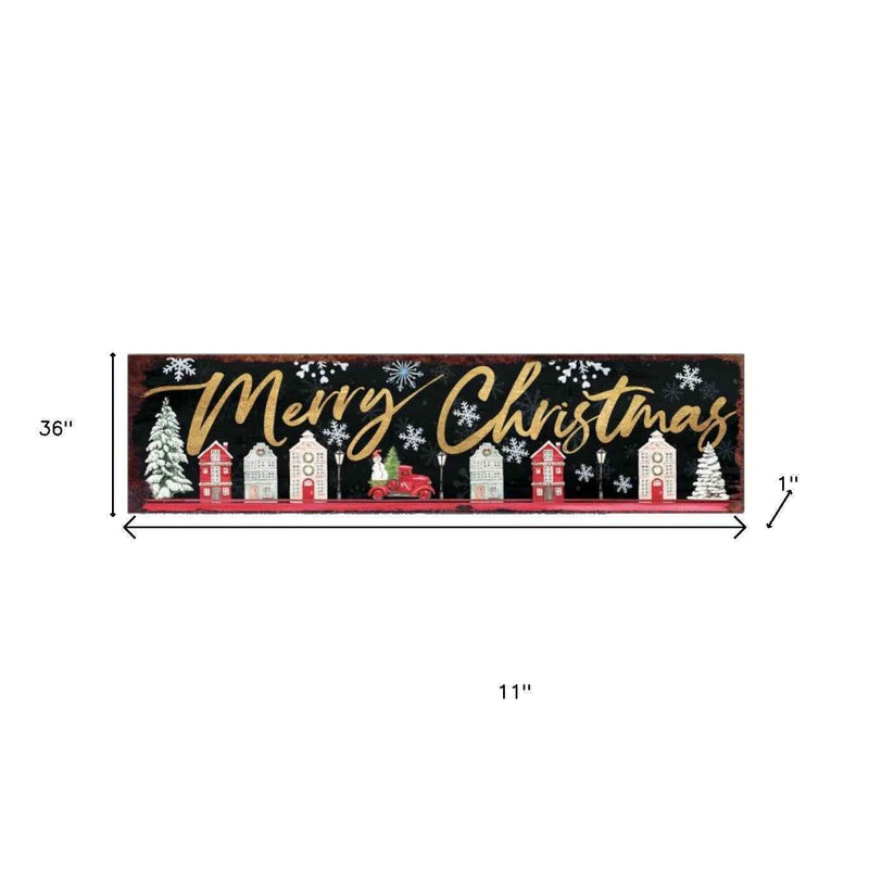 36" Black Gold And Red Solid Wood Merry Christmas Christmas Snow Scene Porch Sign