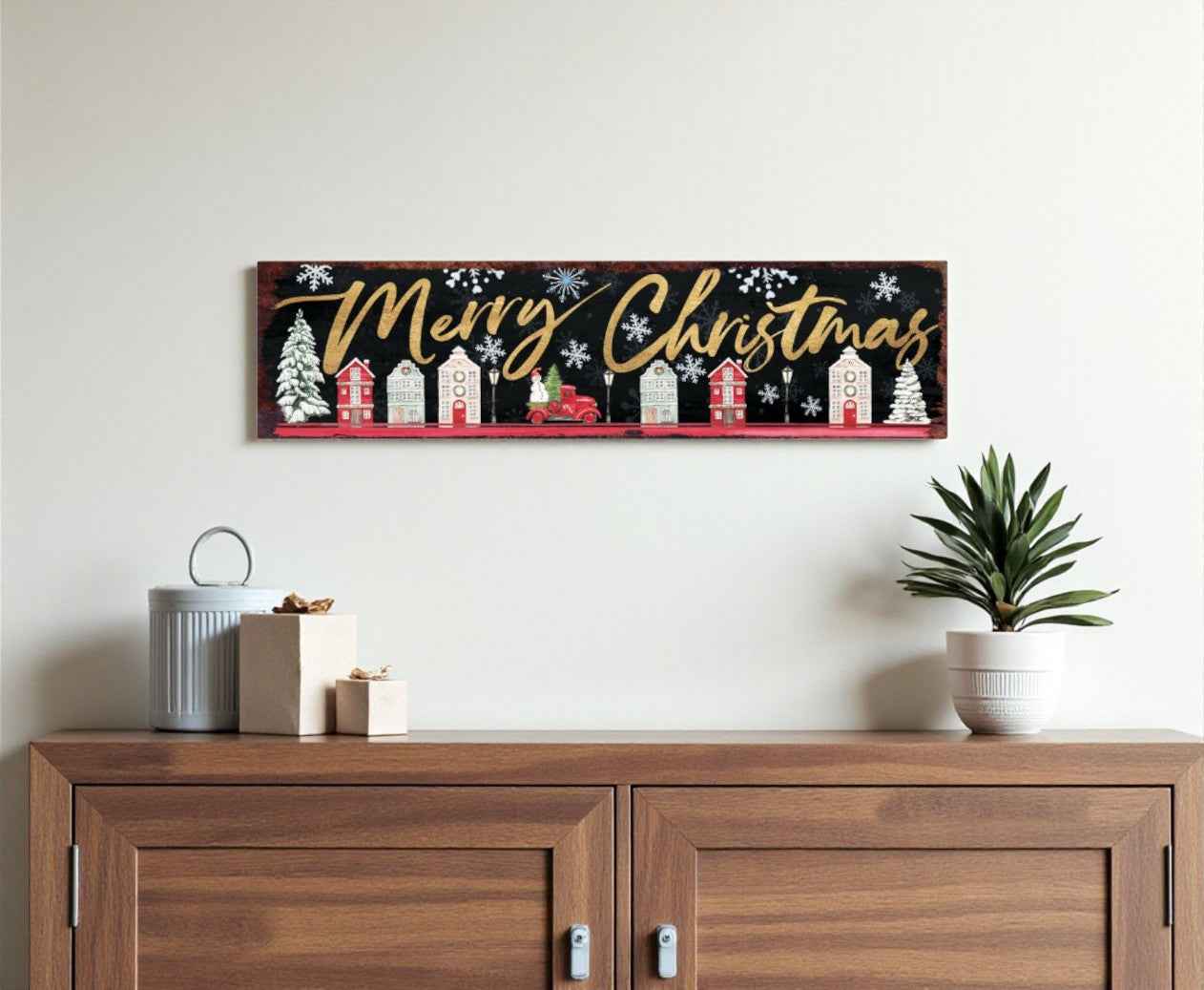 36" Black Gold And Red Solid Wood Merry Christmas Christmas Snow Scene Porch Sign