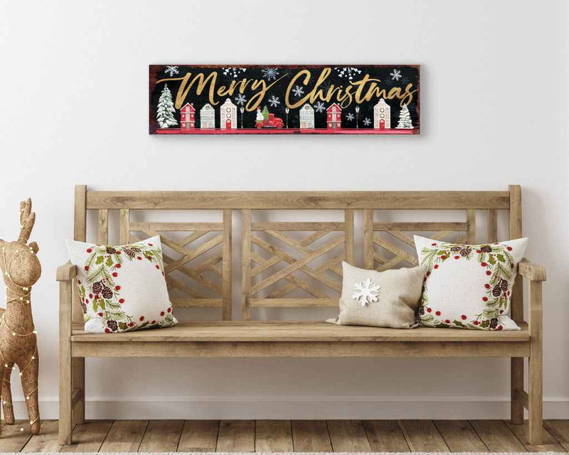 36" Black Gold And Red Solid Wood Merry Christmas Christmas Snow Scene Porch Sign