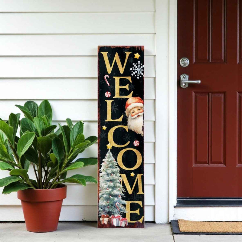 36" Black Gold And Red Solid Wood Welcome Christmas Santa Porch Sign