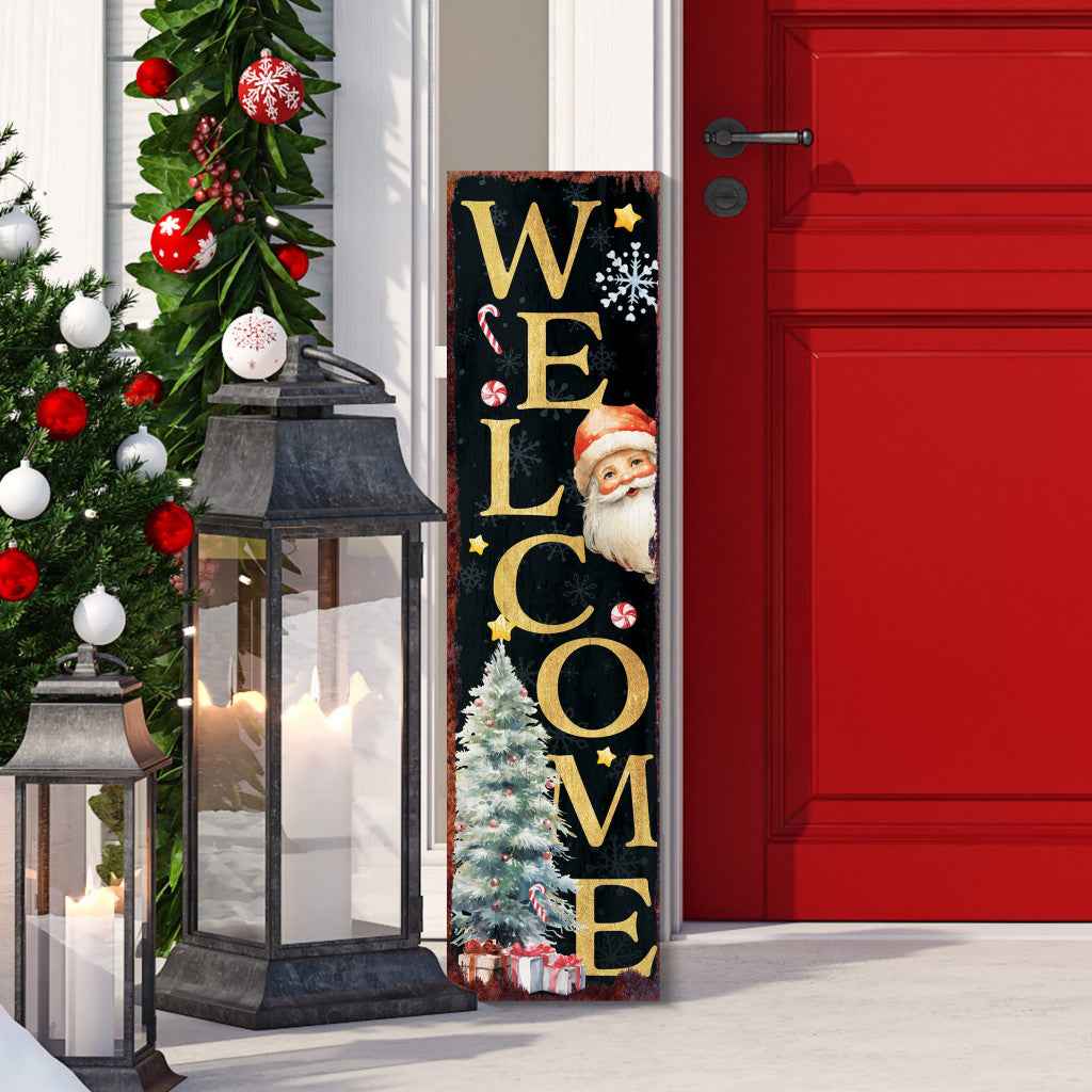 36" Black Gold And Red Solid Wood Welcome Christmas Santa Porch Sign