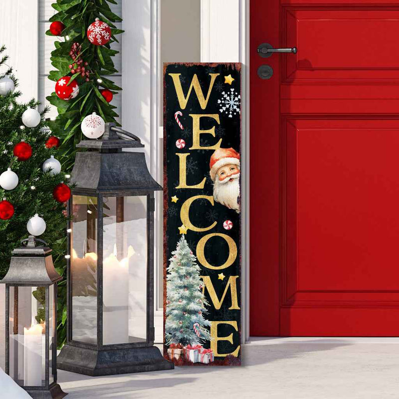 36" Black Gold And Red Solid Wood Welcome Christmas Santa Porch Sign
