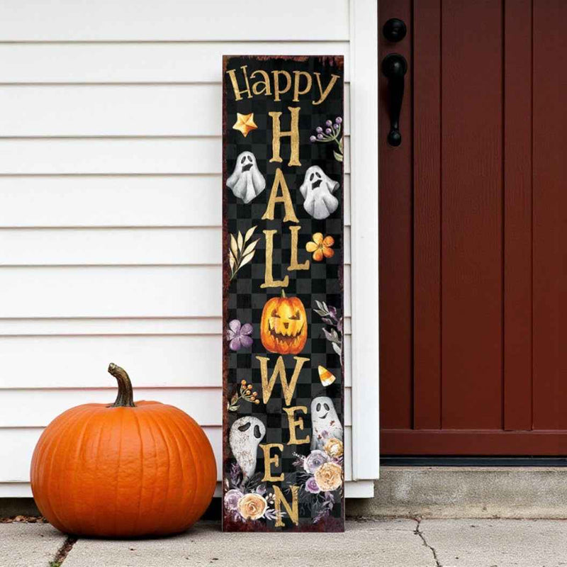 36" Black Gold Orange And Purple Solid Wood Happy Halloween Ghost Porch Sign