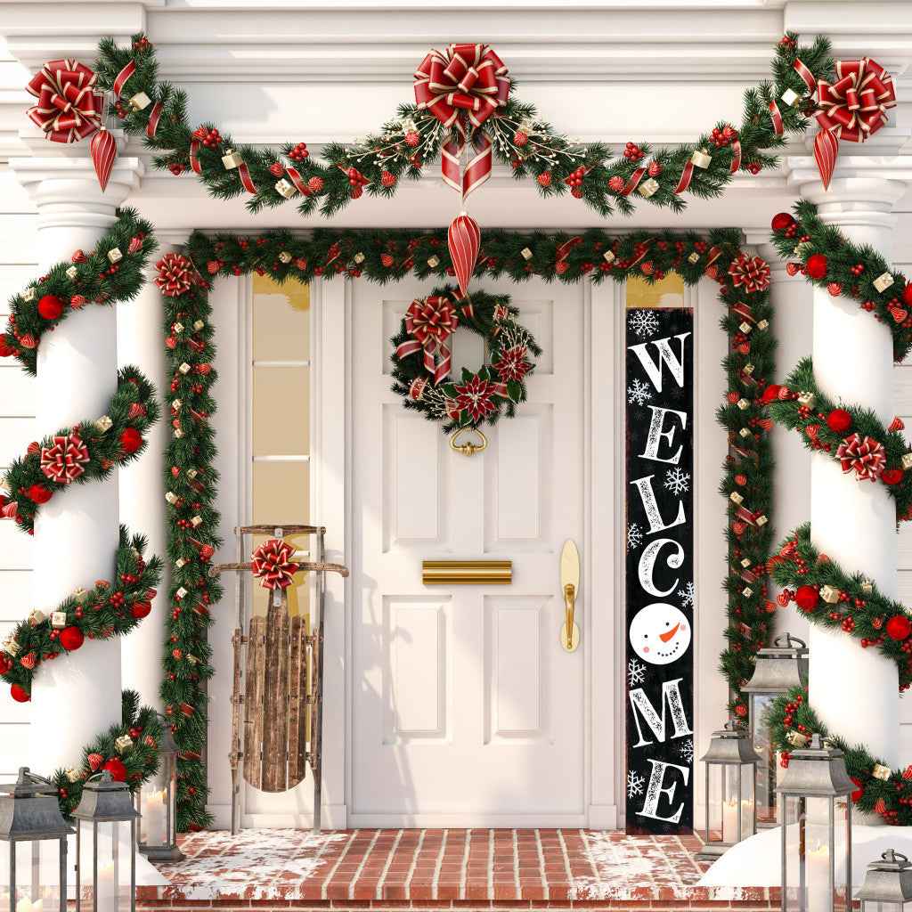 72" Black And White Solid Wood Welcome Snowman Porch Sign