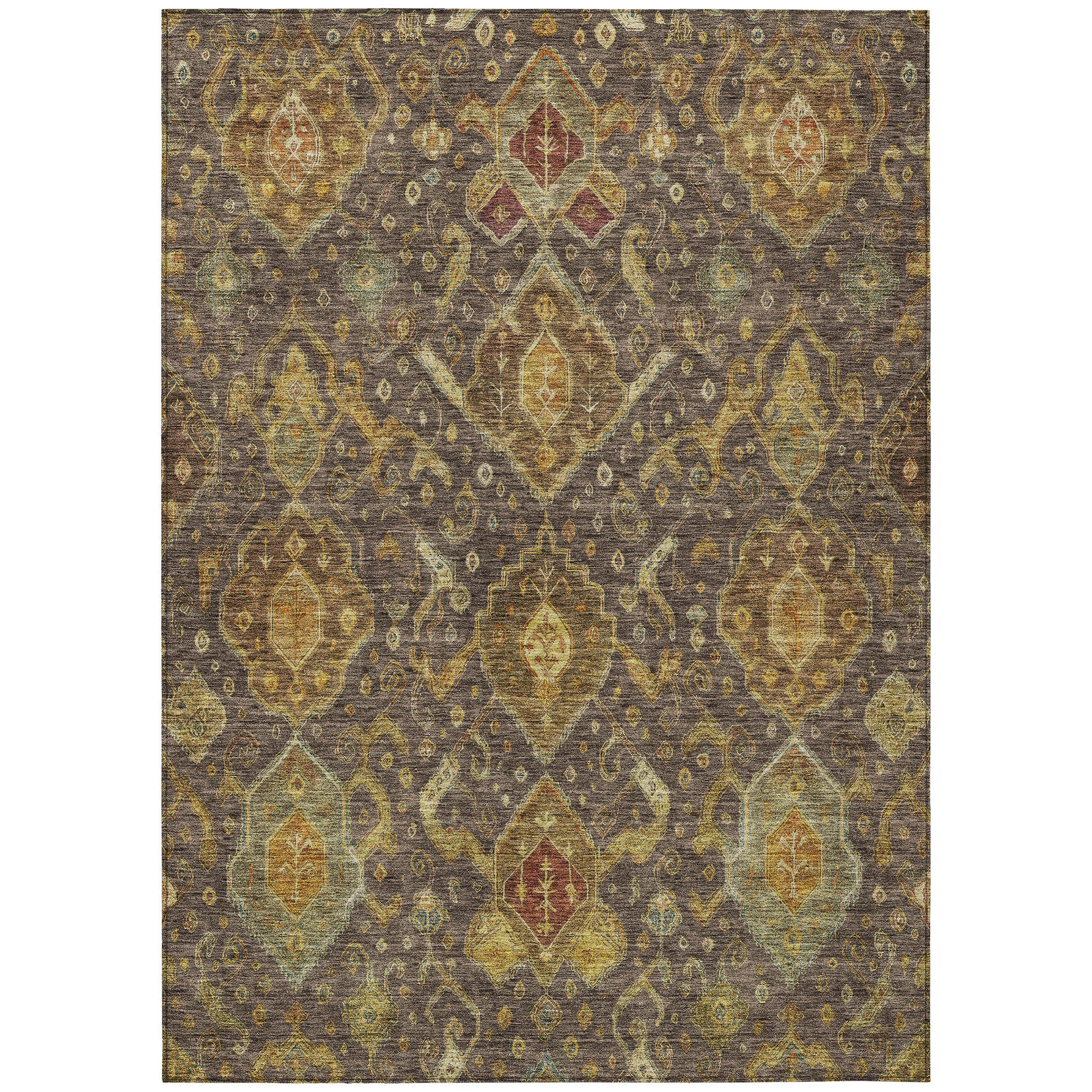 10' X 14' Chocolate Gold And Burgundy Ikat Washable Indoor Outdoor Area Rug - Sports & Outdoor