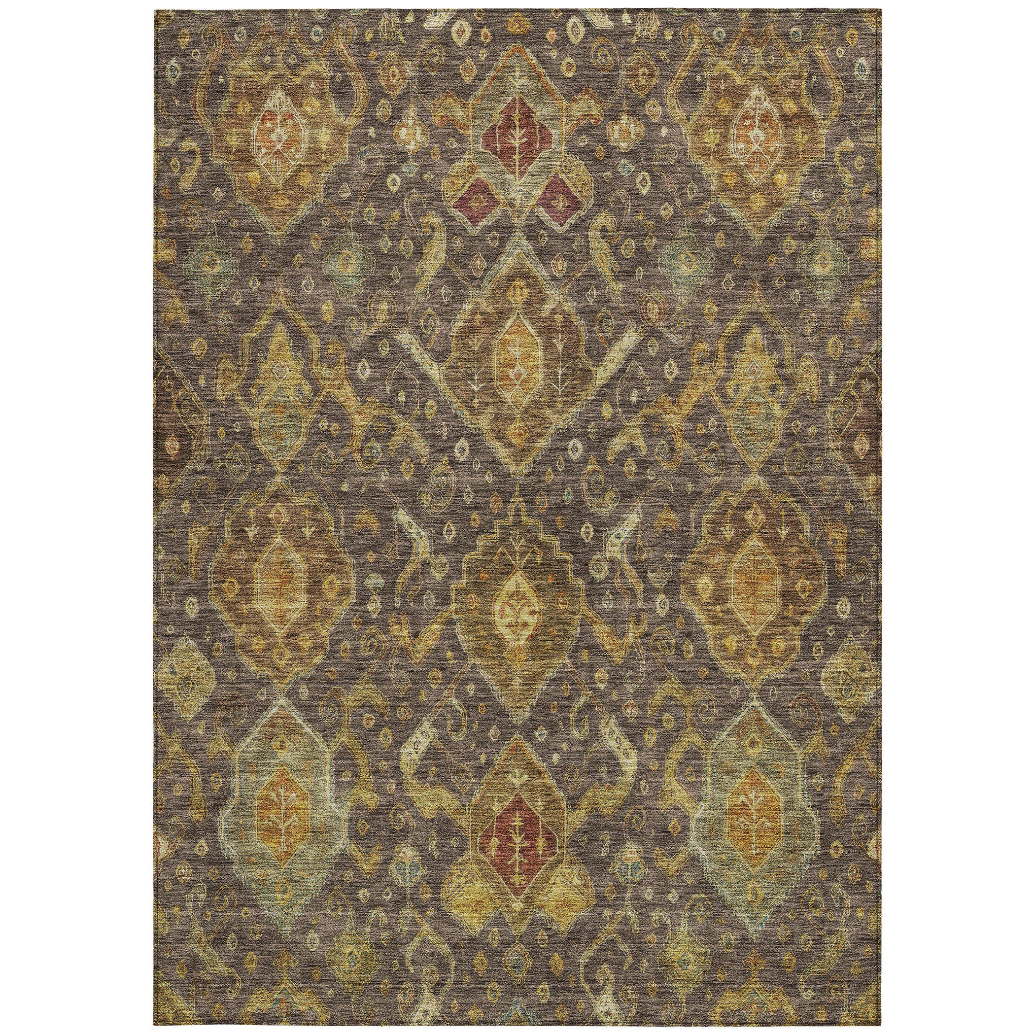 10' X 14' Chocolate Gold And Burgundy Ikat Washable Indoor Outdoor Area Rug - Sports & Outdoor