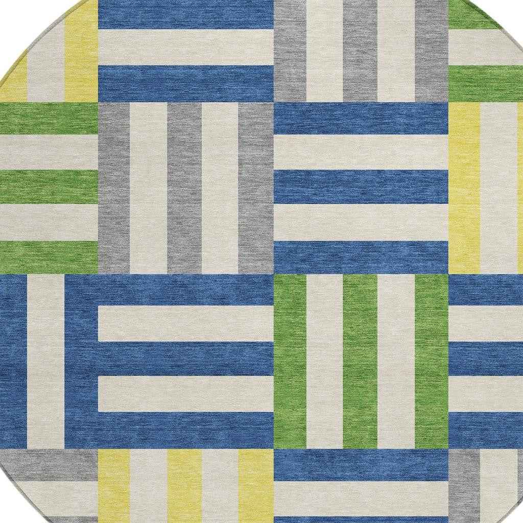 8' Blue Yellow And Green Round Geometric Washable Indoor Outdoor Area Rug