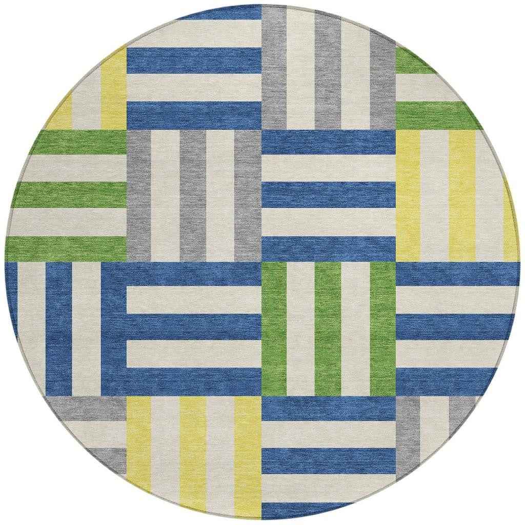 8' Blue Yellow And Green Round Geometric Washable Indoor Outdoor Area Rug
