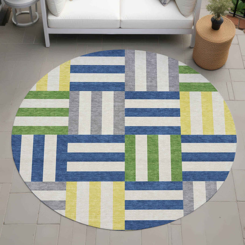 8' Blue Yellow And Green Round Geometric Washable Indoor Outdoor Area Rug