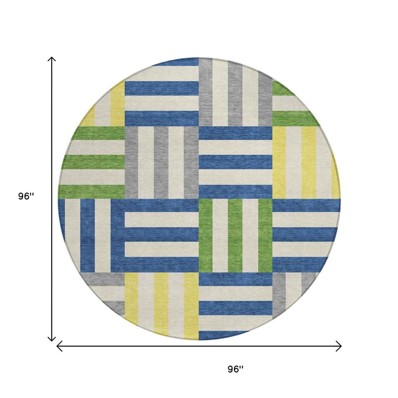 8' Blue Yellow And Green Round Geometric Washable Indoor Outdoor Area Rug