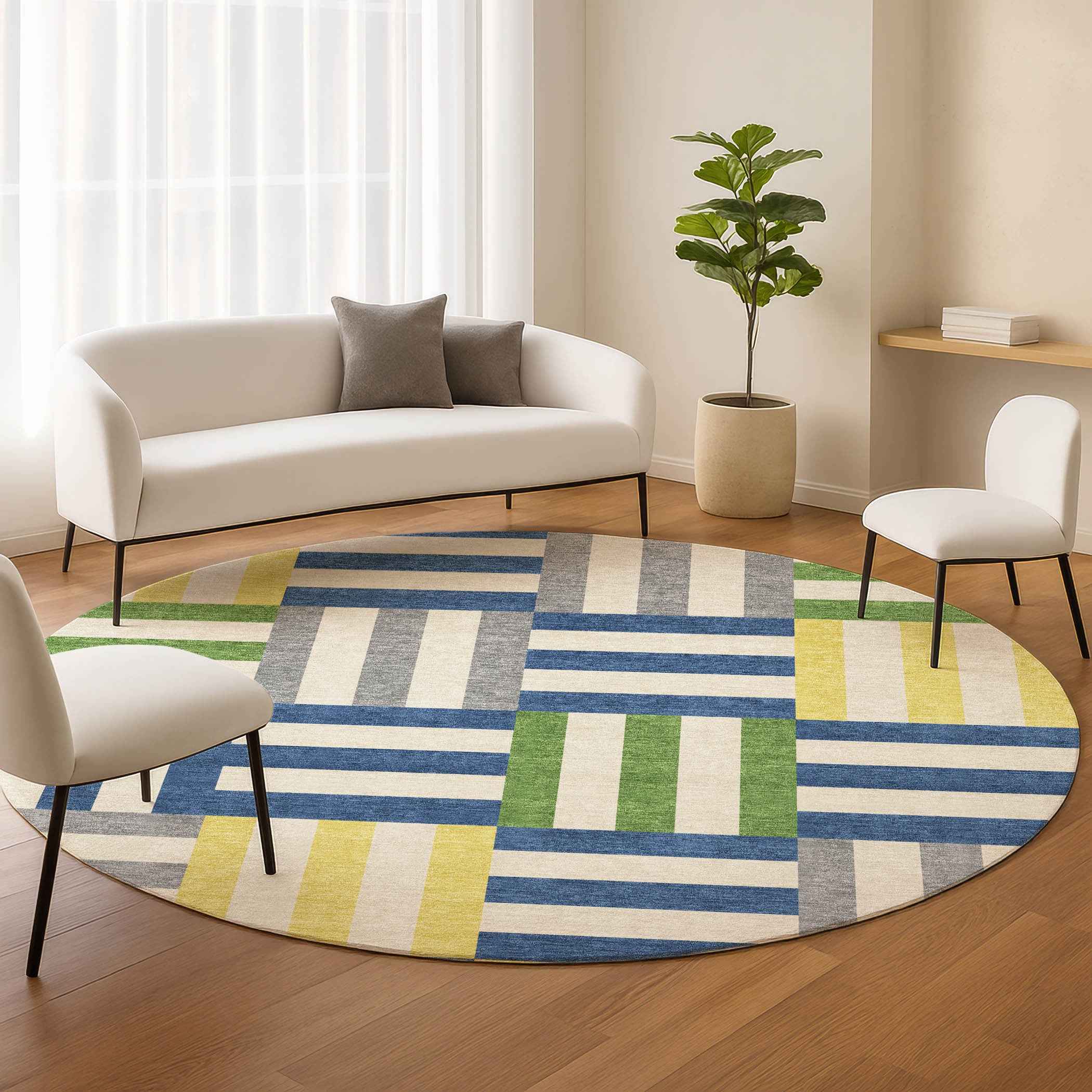 8' Blue Yellow And Green Round Geometric Washable Indoor Outdoor Area Rug