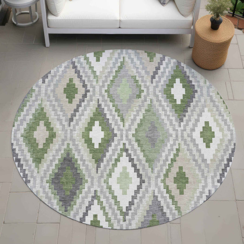 8' Fern Green Gray And Ivory Round Geometric Washable Indoor Outdoor Area Rug
