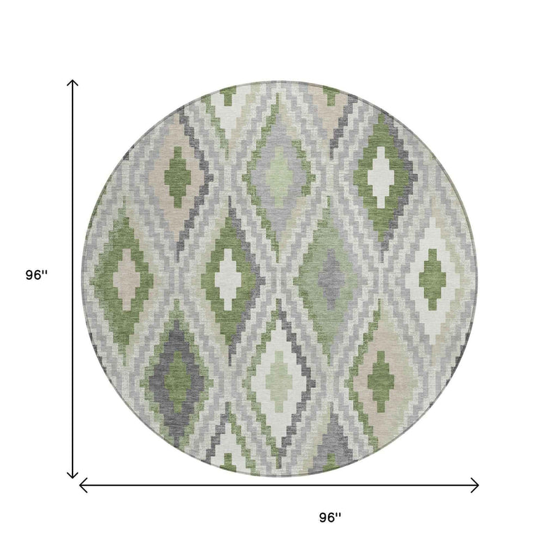 8' Fern Green Gray And Ivory Round Geometric Washable Indoor Outdoor Area Rug