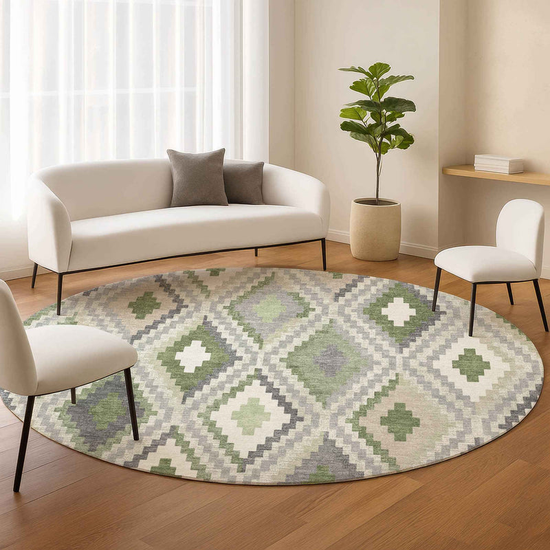 8' Fern Green Gray And Ivory Round Geometric Washable Indoor Outdoor Area Rug