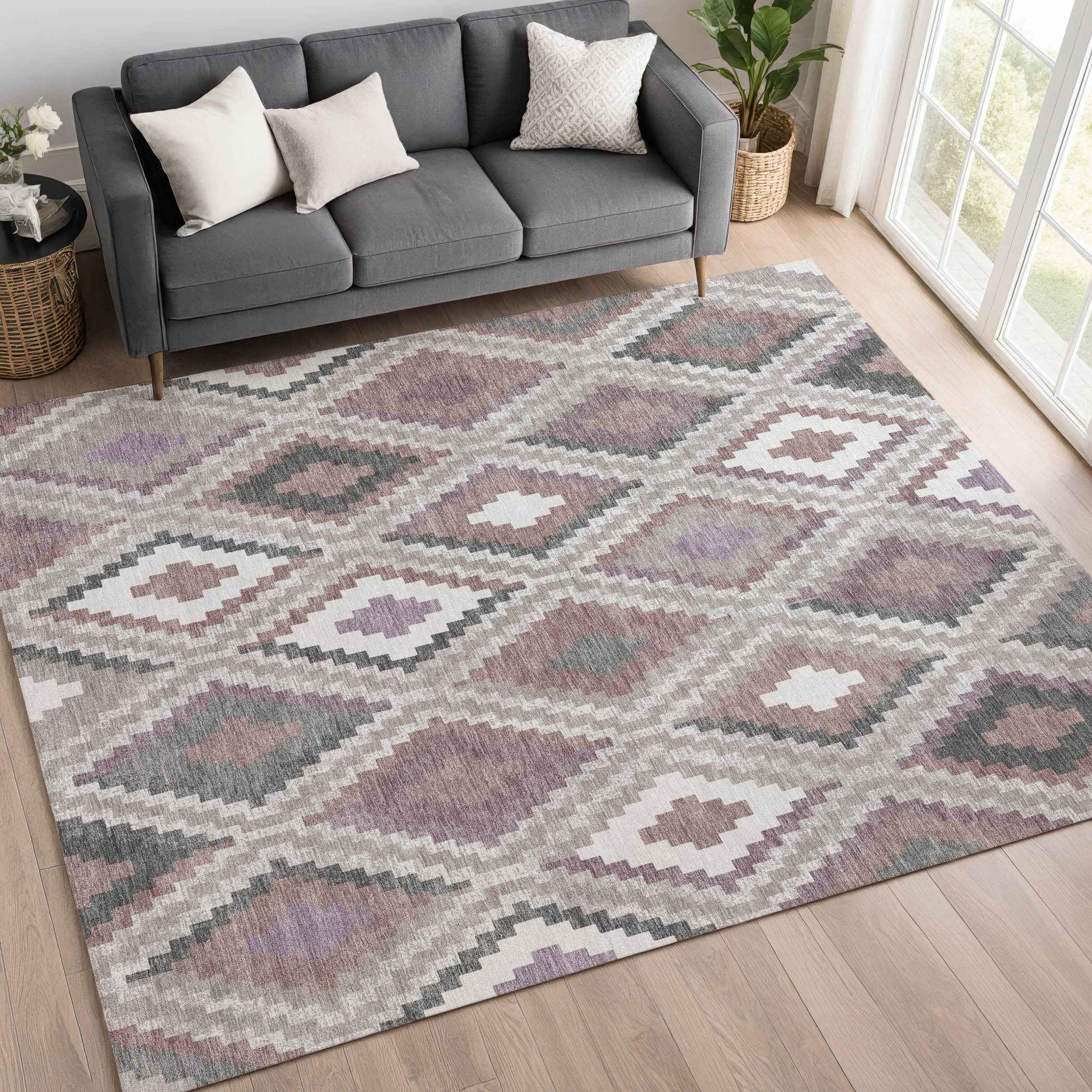 9' X 12' Blush Ivory And Gray Geometric Washable Indoor Outdoor Area Rug