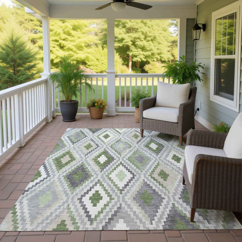 3' X 5' Fern Green Gray And Ivory Geometric Washable Indoor Outdoor Area Rug