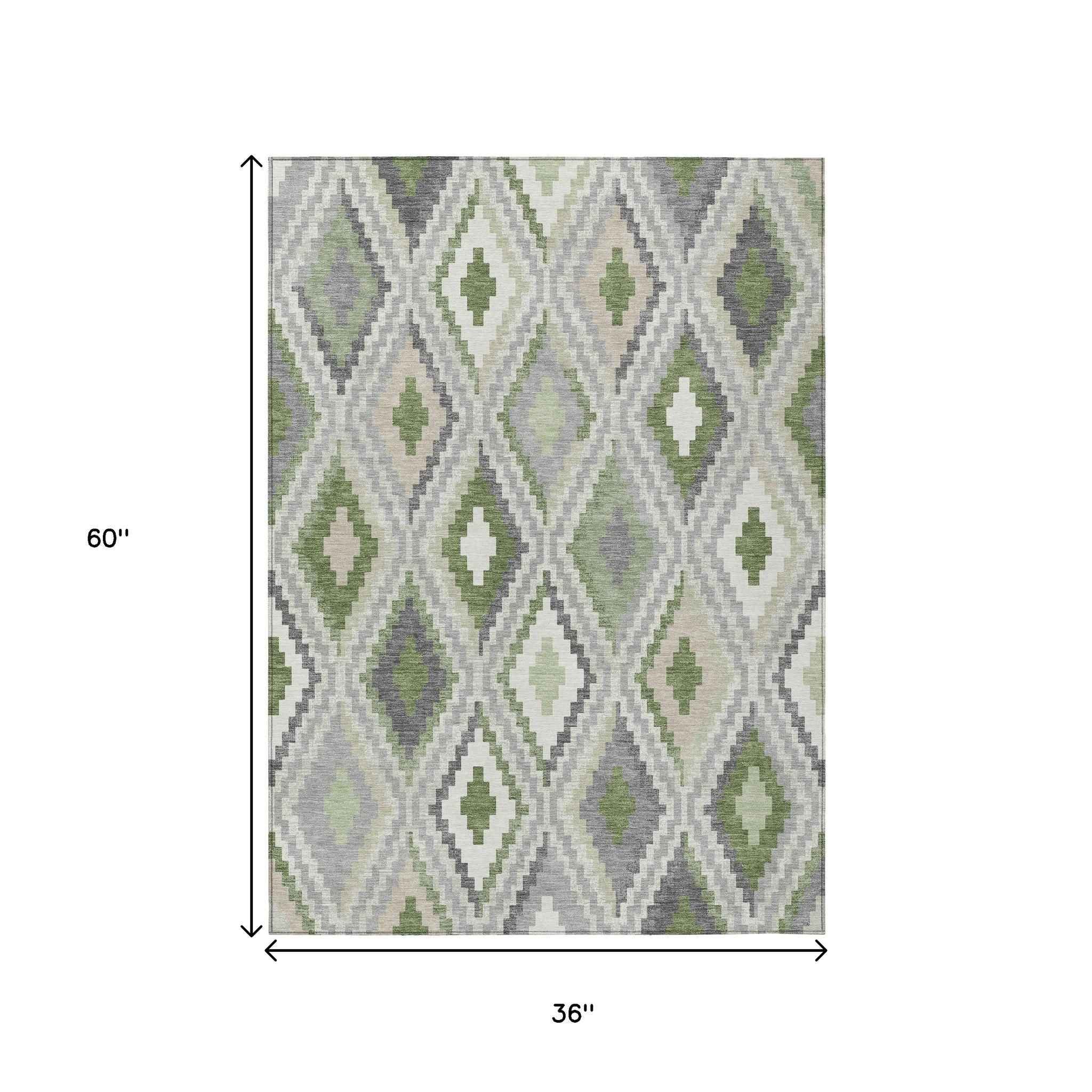 3' X 5' Fern Green Gray And Ivory Geometric Washable Indoor Outdoor Area Rug