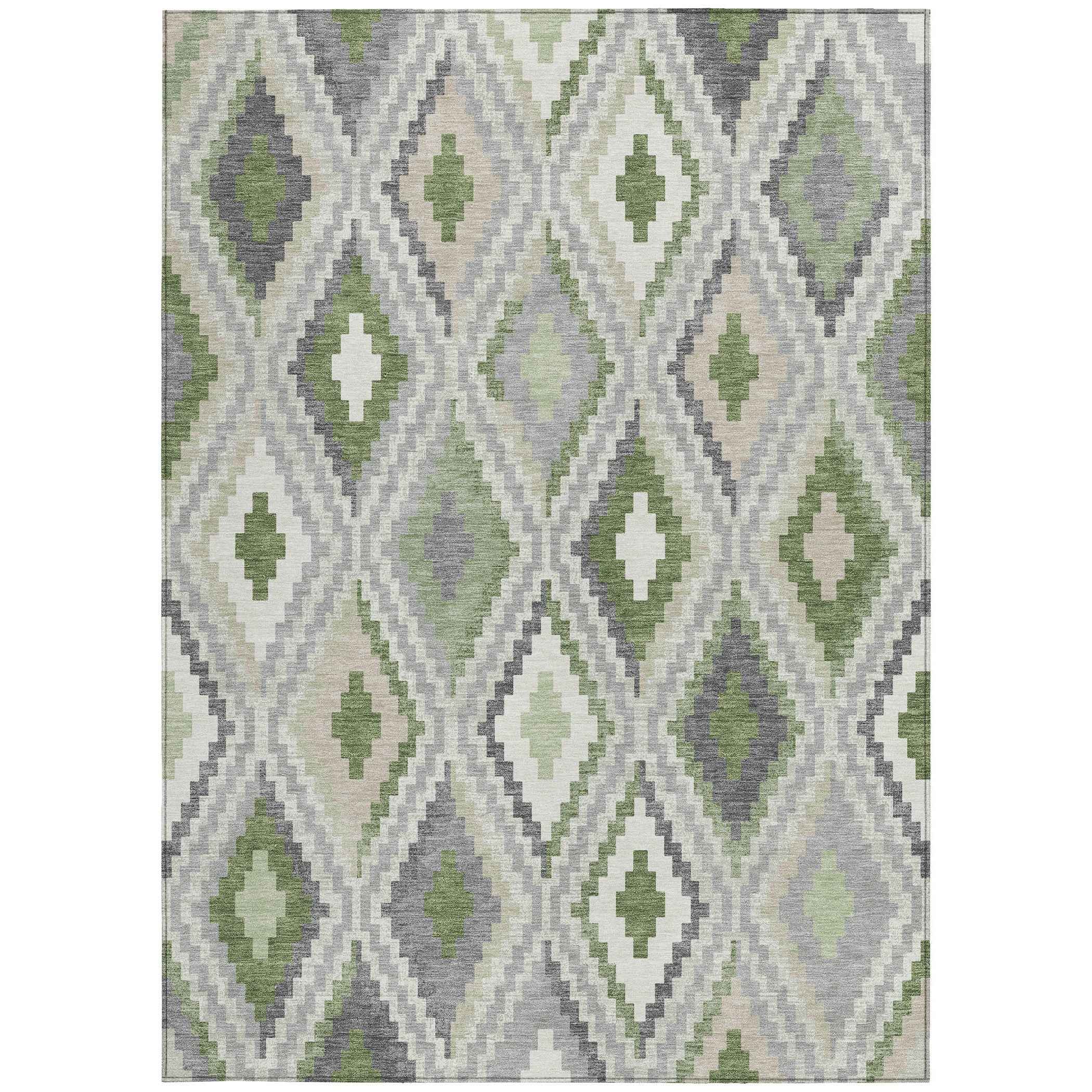 3' X 5' Fern Green Gray And Ivory Geometric Washable Indoor Outdoor Area Rug