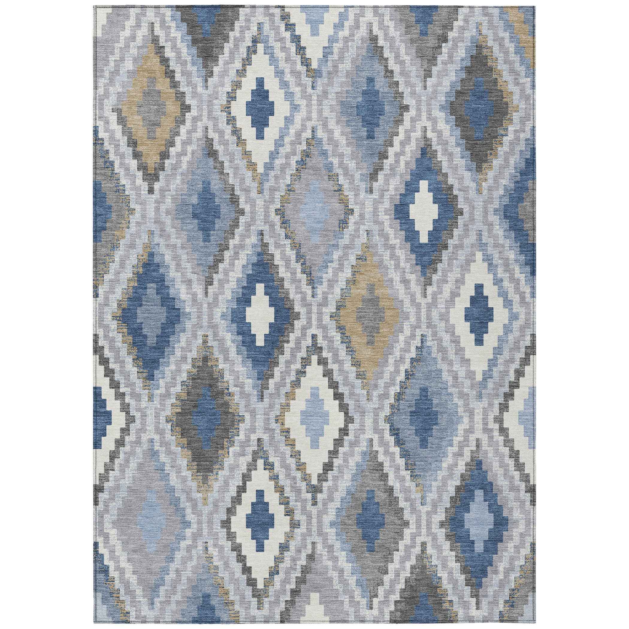 3' X 5' Denim Blue Gray And Ivory Geometric Washable Indoor Outdoor Area Rug