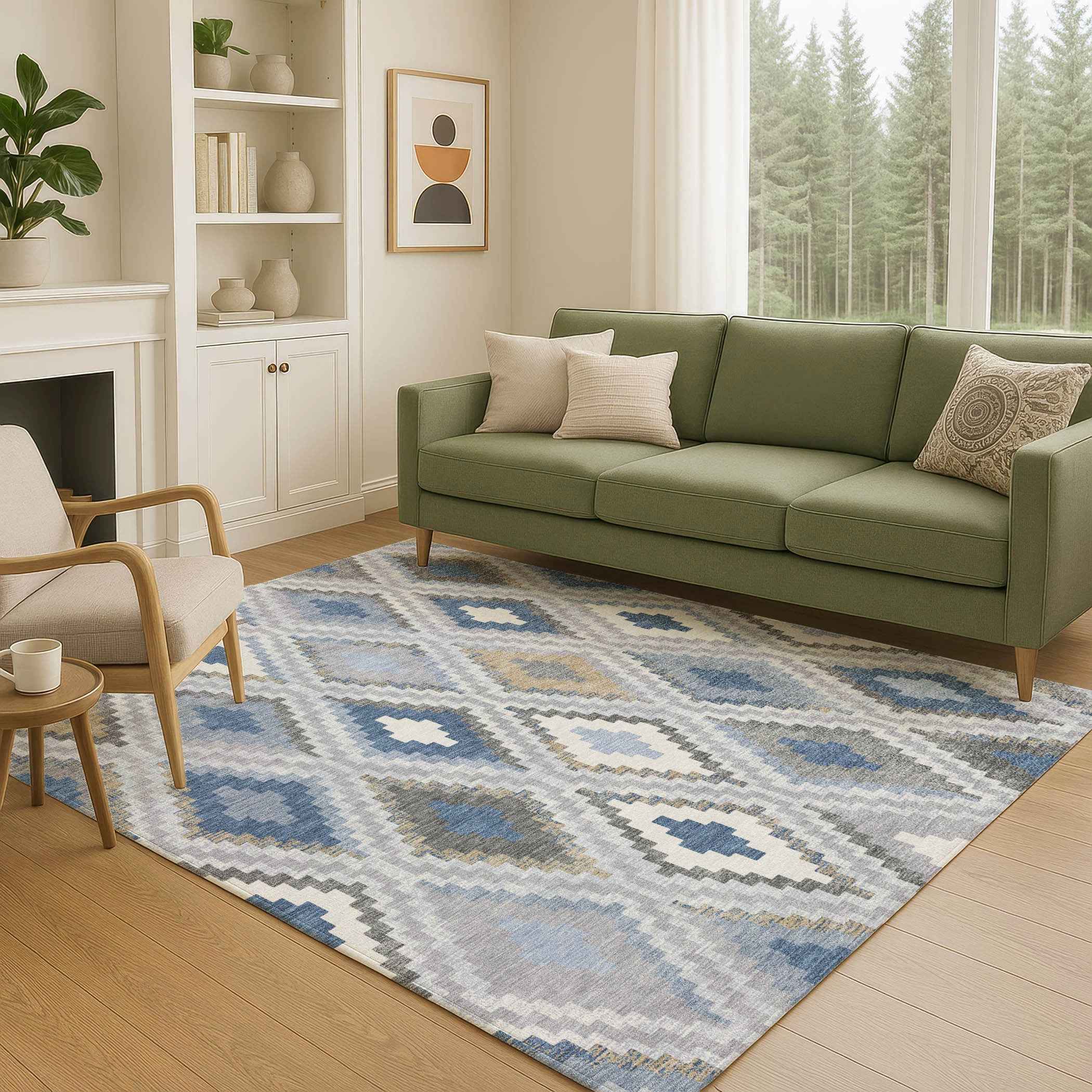 3' X 5' Denim Blue Gray And Ivory Geometric Washable Indoor Outdoor Area Rug