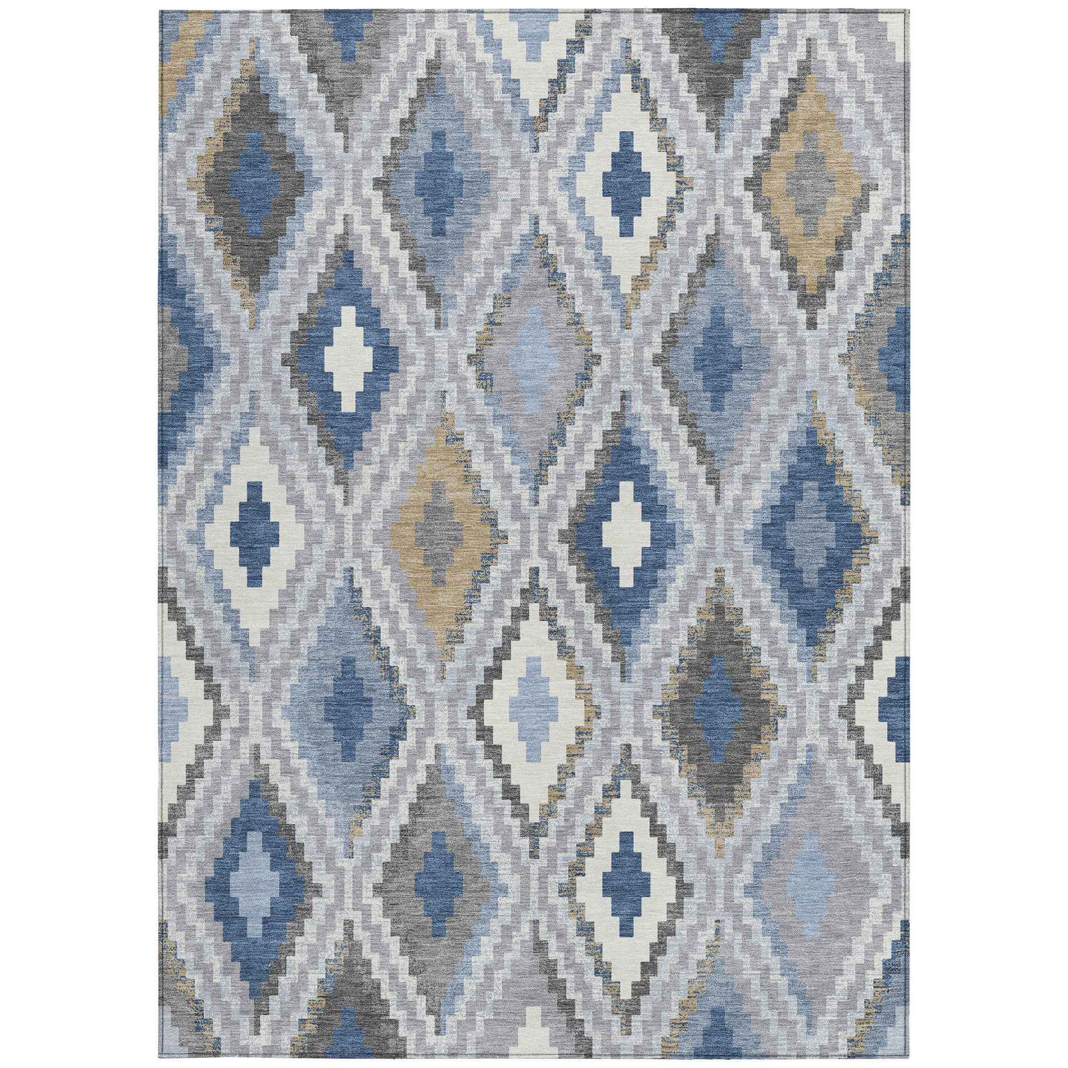 3' X 5' Denim Blue Gray And Ivory Geometric Washable Indoor Outdoor Area Rug