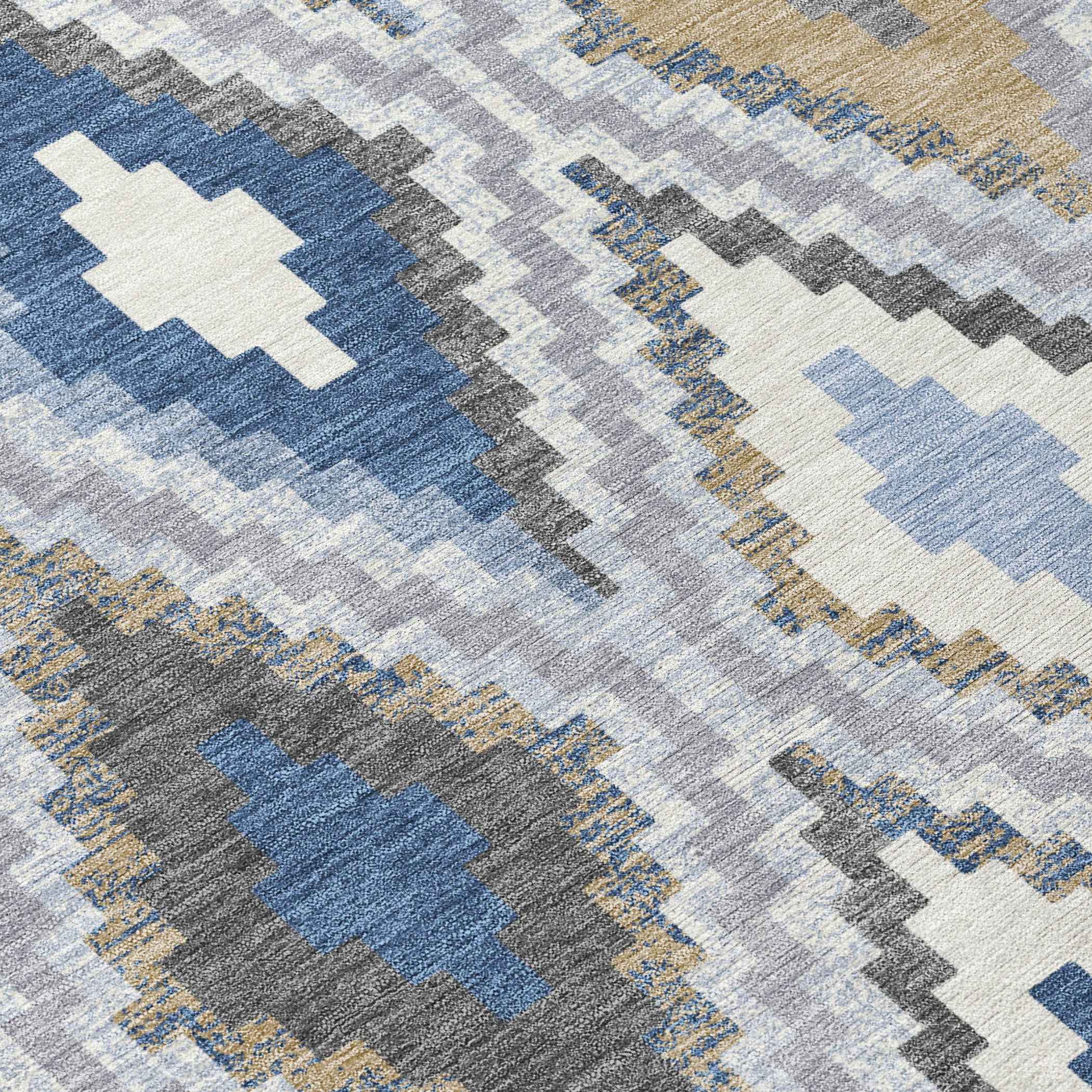 3' X 5' Denim Blue Gray And Ivory Geometric Washable Indoor Outdoor Area Rug