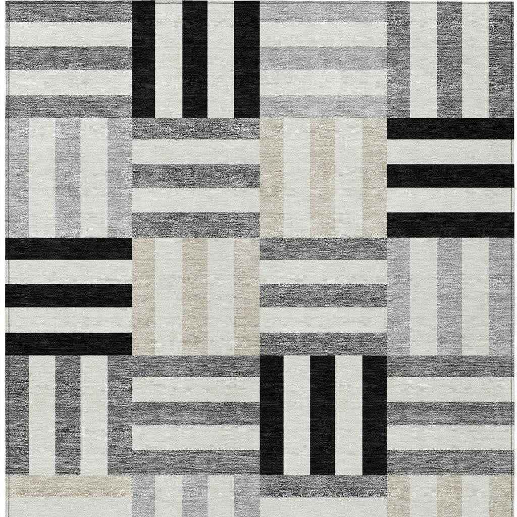 9' X 12' Black Beige And Ivory Geometric Washable Indoor Outdoor Area Rug
