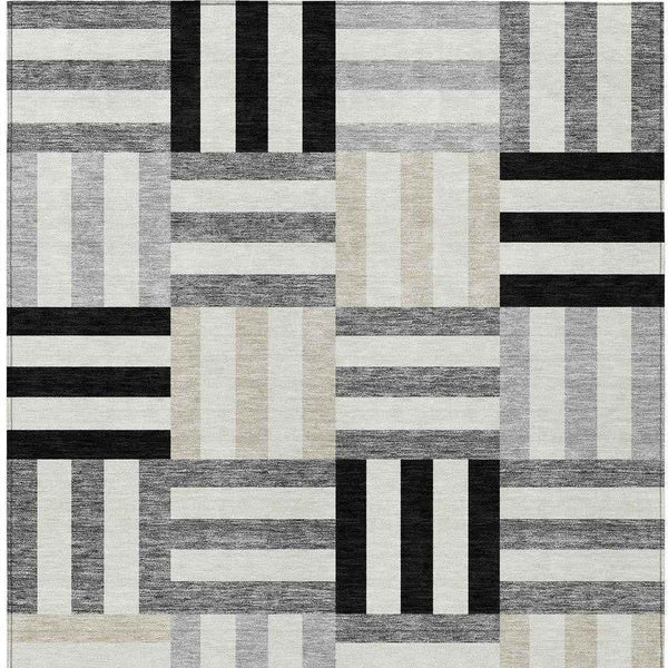 9' X 12' Black Beige And Ivory Geometric Washable Indoor Outdoor Area Rug