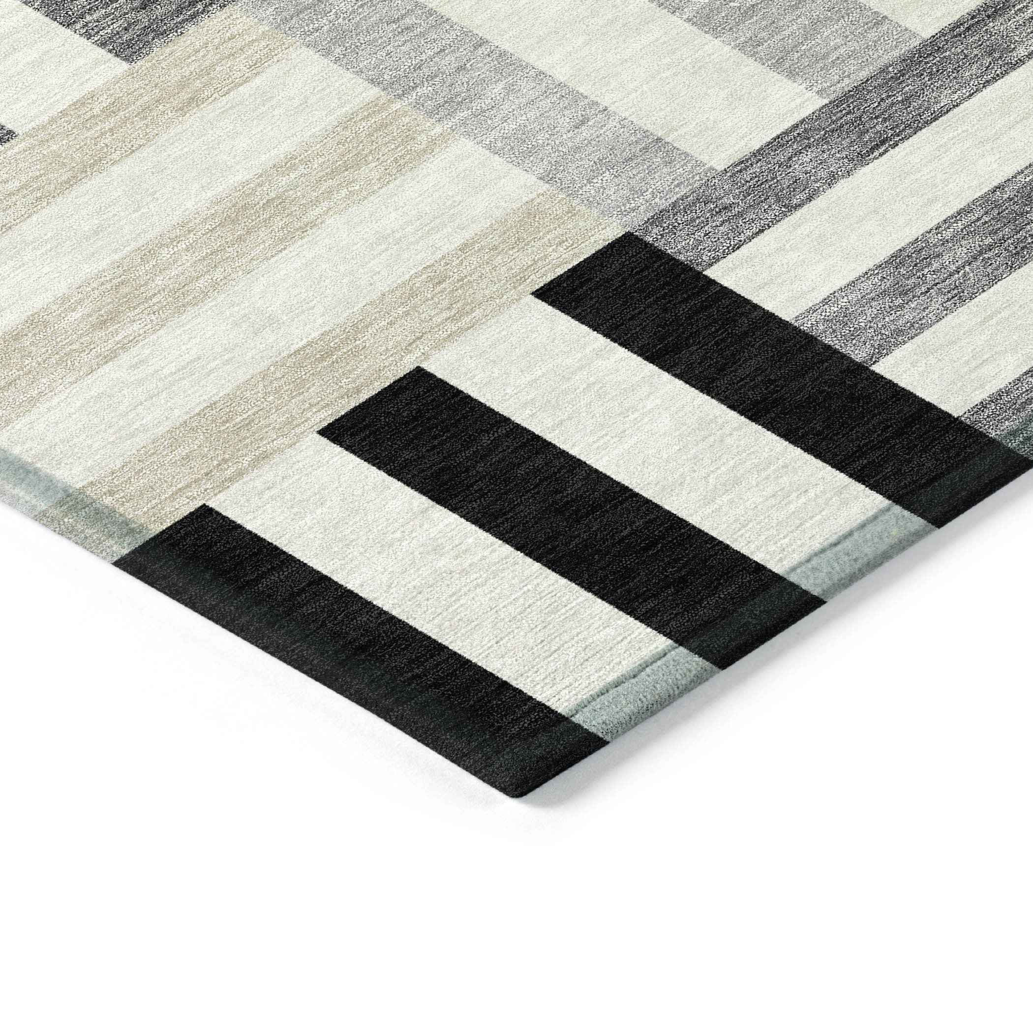 9' X 12' Black Beige And Ivory Geometric Washable Indoor Outdoor Area Rug