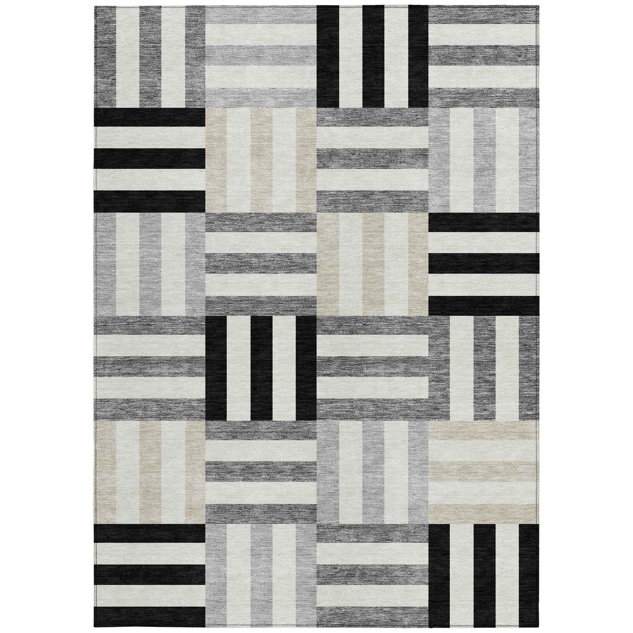 9' X 12' Black Beige And Ivory Geometric Washable Indoor Outdoor Area Rug