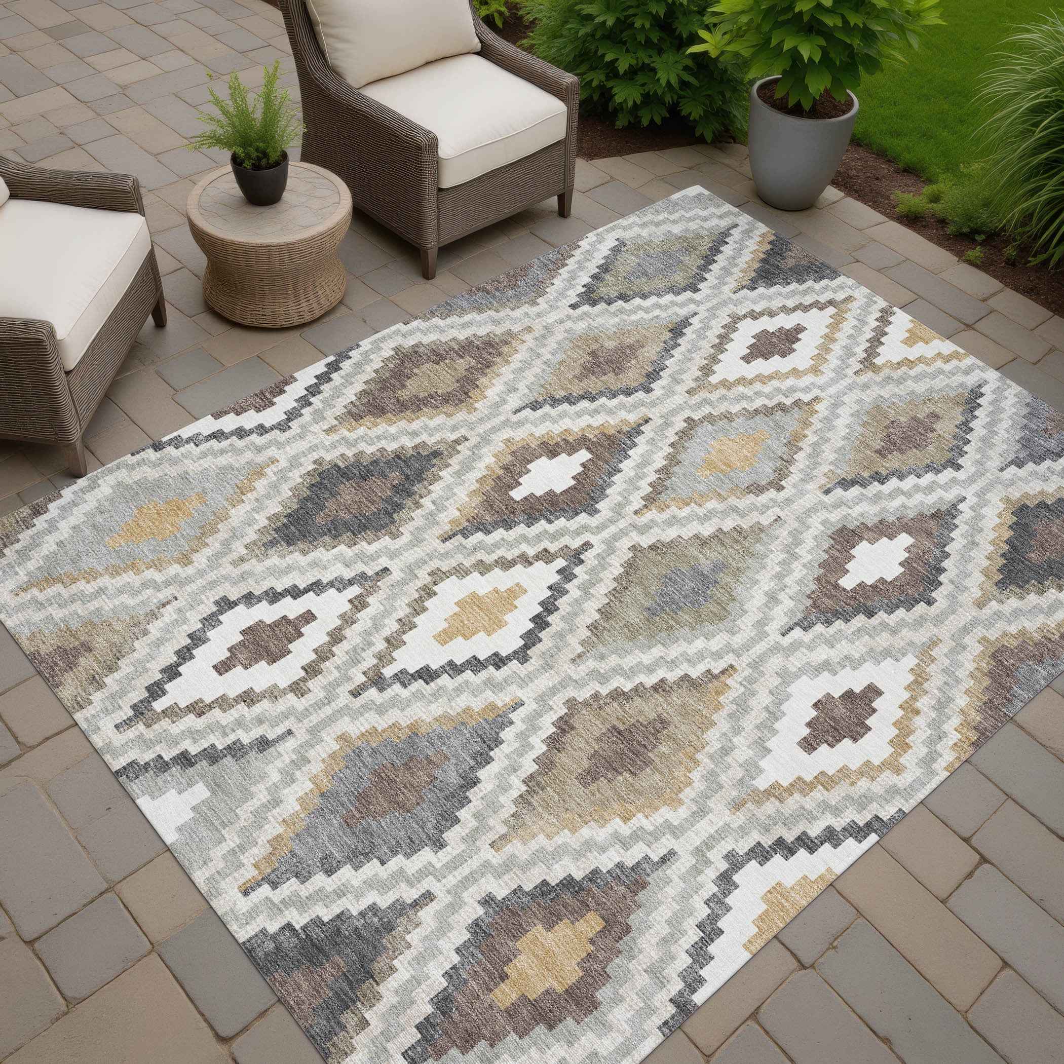 8' X 10' Taupe Gold And Ivory Geometric Washable Indoor Outdoor Area Rug