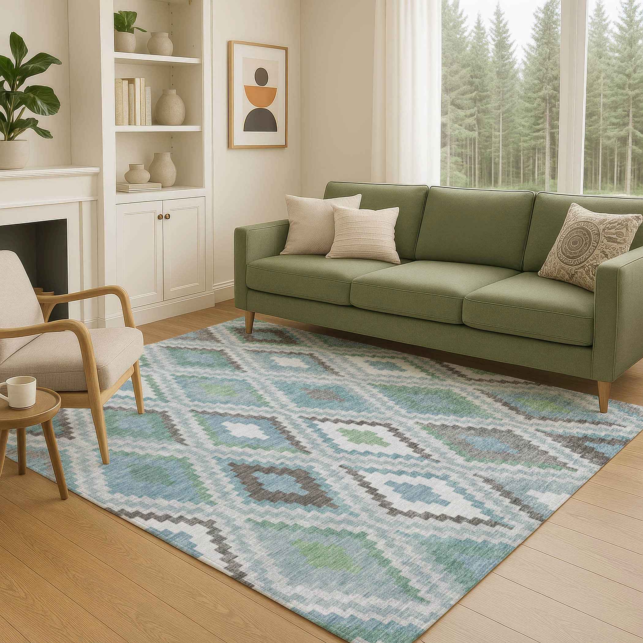 8' X 10' Teal Blue Ivory And Green Geometric Washable Indoor Outdoor Area Rug