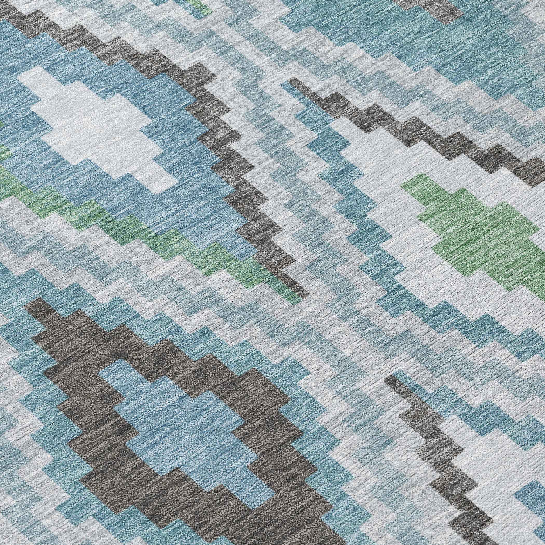 8' X 10' Teal Blue Ivory And Green Geometric Washable Indoor Outdoor Area Rug