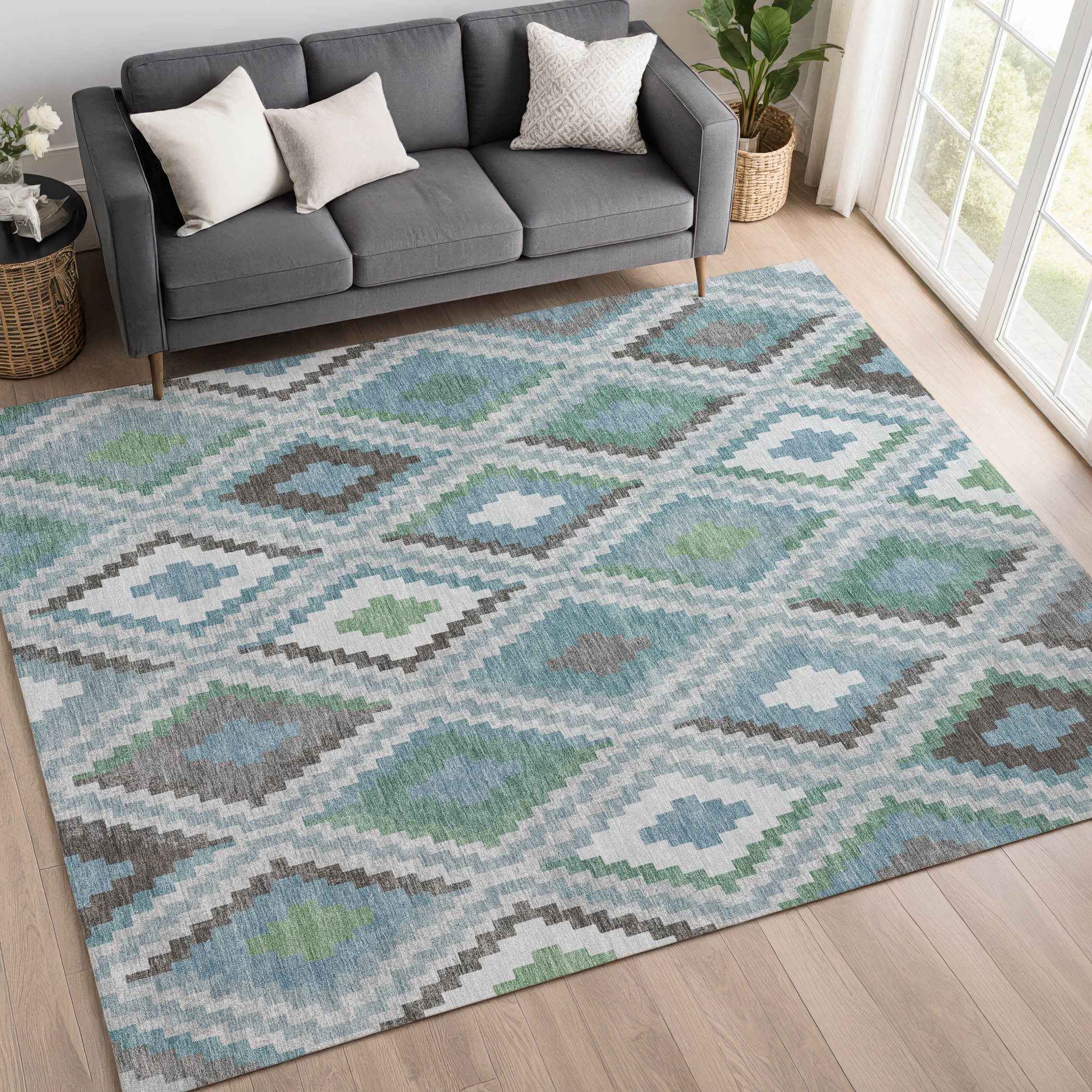 8' X 10' Teal Blue Ivory And Green Geometric Washable Indoor Outdoor Area Rug