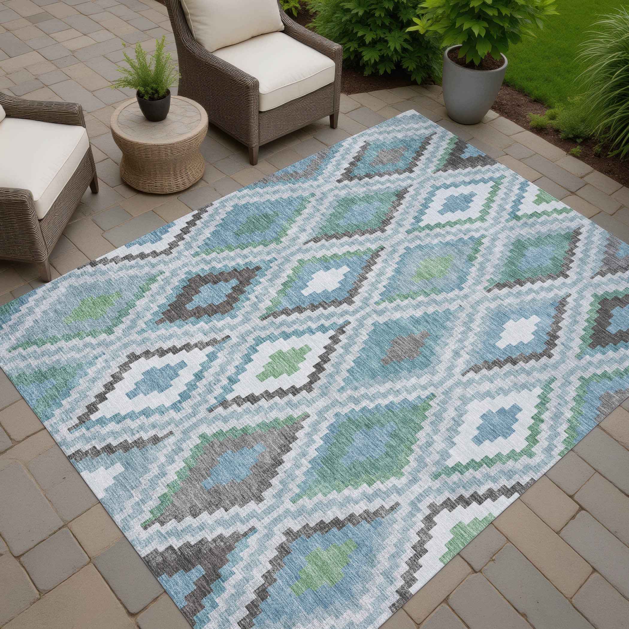 8' X 10' Teal Blue Ivory And Green Geometric Washable Indoor Outdoor Area Rug