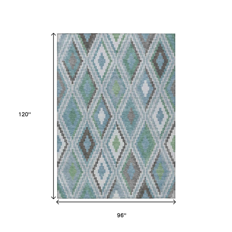 8' X 10' Teal Blue Ivory And Green Geometric Washable Indoor Outdoor Area Rug