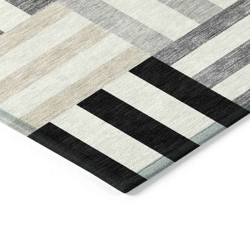 3' X 5' Black Beige And Ivory Geometric Washable Indoor Outdoor Area Rug