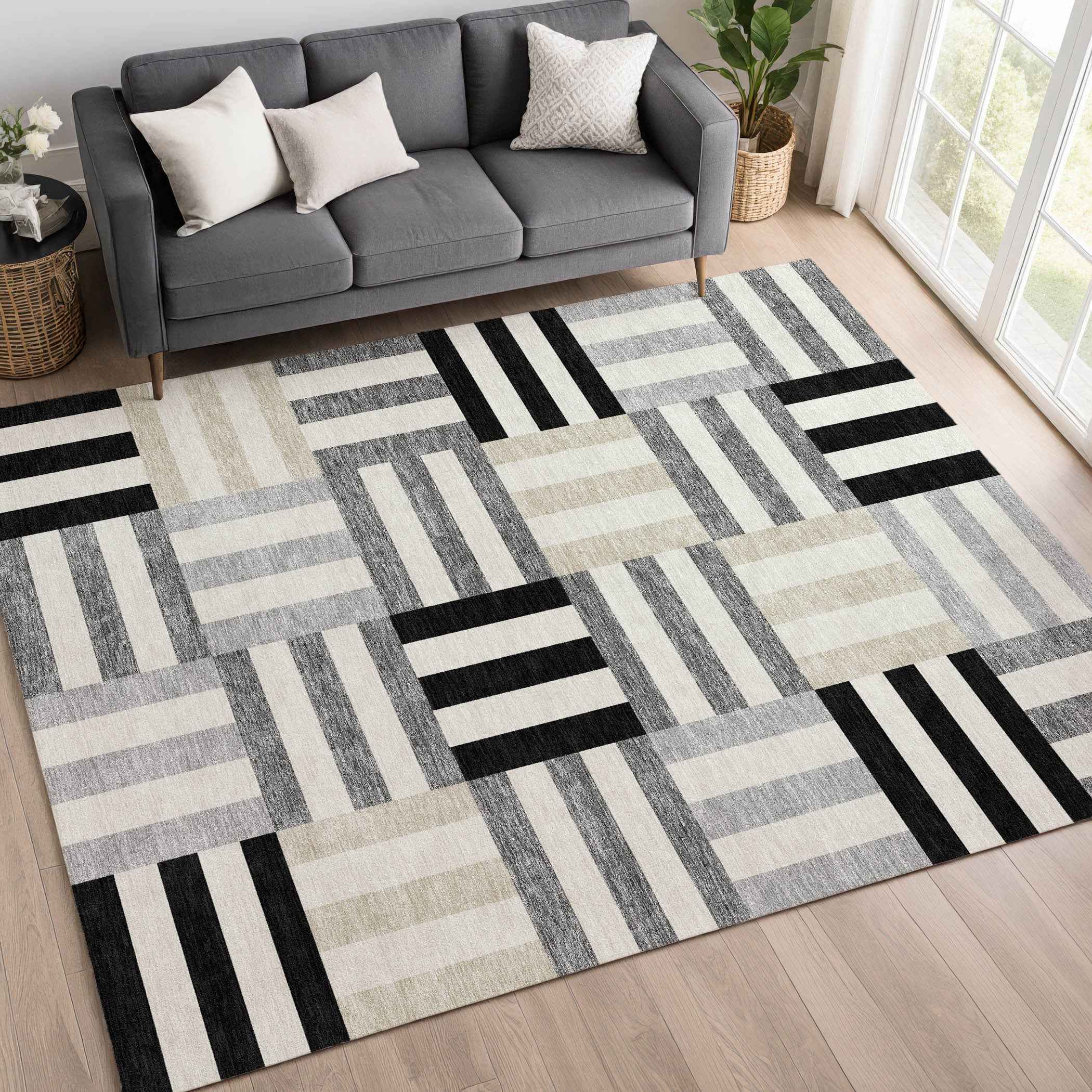 3' X 5' Black Beige And Ivory Geometric Washable Indoor Outdoor Area Rug