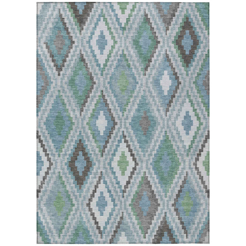 5' X 8' Teal Blue Ivory And Green Geometric Washable Indoor Outdoor Area Rug