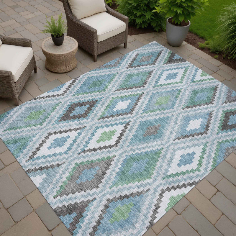 5' X 8' Teal Blue Ivory And Green Geometric Washable Indoor Outdoor Area Rug